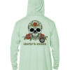 A Grateful Angler Sugar Skull UV Hoodie with a skull and roses on it.