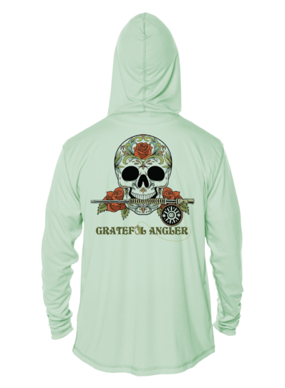 A Grateful Angler Sugar Skull UV Hoodie with a skull and roses on it.