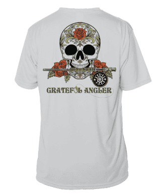 White fly fishing shirt with skull and sugar skull design, perfect for anglers and sun protection.