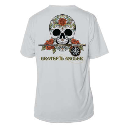A Grateful Angler Fly Fishing Sugar Skull Short Sleeve UV Shirt with roses on it.