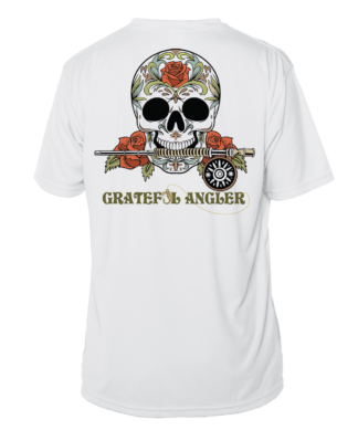 A Grateful Angler Fly Fishing Sugar Skull Short Sleeve UV Shirt with roses on it.