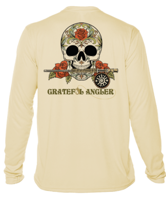 A Grateful Angler Fly Fishing Sugar Skull UV Shirt with a skull and roses on it.