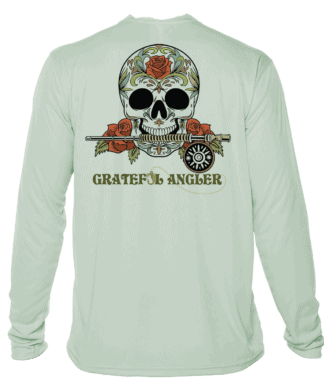 Skull design with roses and fishing gear, perfect for sun protection and fishing enthusiasts.