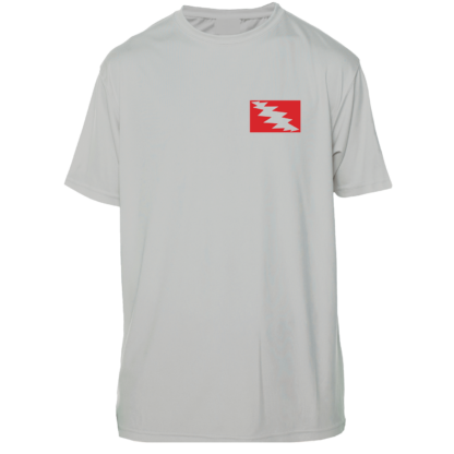 A Grateful Diver Skeleton Diver Short Sleeve UV Shirt with a red and white flag on it.