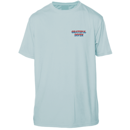 A light blue Grateful Diver Sugar Skull Short Sleeve UV shirt with a blue and red logo.