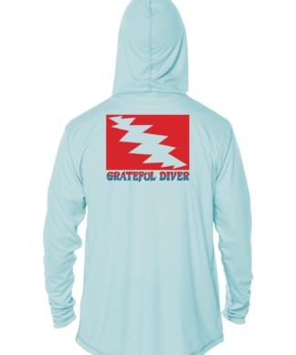 A light blue Grateful Diver Classic UV Hoodie with the words grateful river on it.