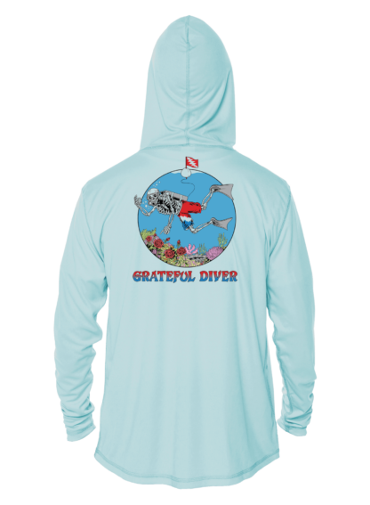 A blue Grateful Diver Skeleton Diver UV Hoodie with the words grateful river on it.