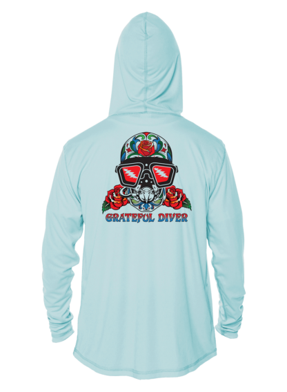 A Grateful Diver Sugar Skull UV Hoodie with a skull and roses on it.