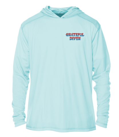 A light blue Grateful Diver Sugar Skull UV Hoodie with the words grateful diver on it.