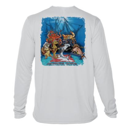 A Grateful Diver Underwater Jam UV Shirt with an image of a fish and a shark.