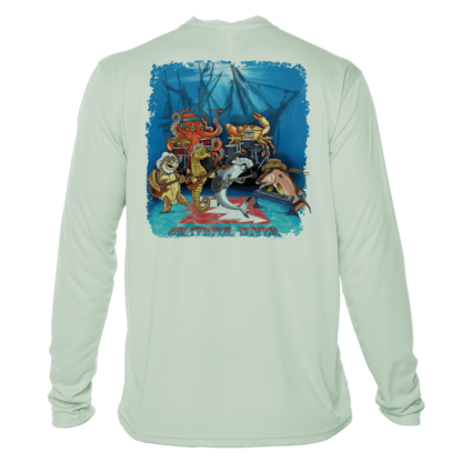 A Grateful Diver Underwater Jam UV Shirt with an image of a fish and a shark.