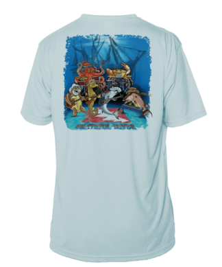 A Grateful Diver Underwater Jam Short Sleeve UV Shirt with an image of a shark and a turtle.
