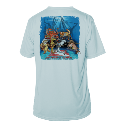 A Grateful Diver Underwater Jam Short Sleeve UV Shirt with an image of a shark and a turtle.