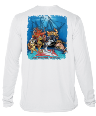 A Grateful Diver Underwater Jam UV Shirt with an image of a fish and a shark.