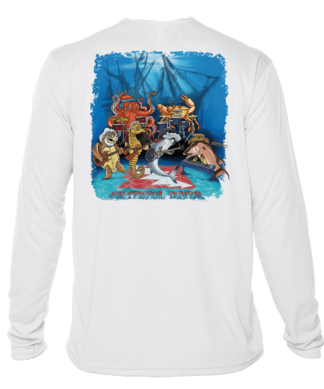 A Grateful Diver Underwater Jam UV Shirt with an image of a fish and a shark.