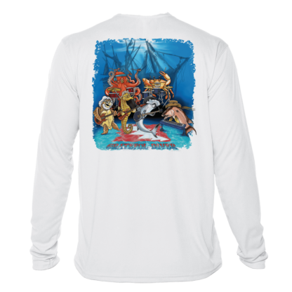A Grateful Diver Underwater Jam UV Shirt with an image of a fish and a shark.