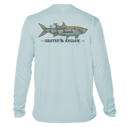A Grateful Angler Keys Tarpon UV Shirt with an image of a shark.