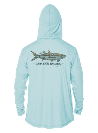 A light blue Grateful Angler Keys Tarpon UV Hoodie with an image of a shark on it.