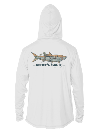 A Grateful Angler Keys Tarpon UV Hoodie with an image of a shark on it.
