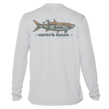 A Grateful Angler Keys Tarpon UV Shirt with an image of a shark on it.