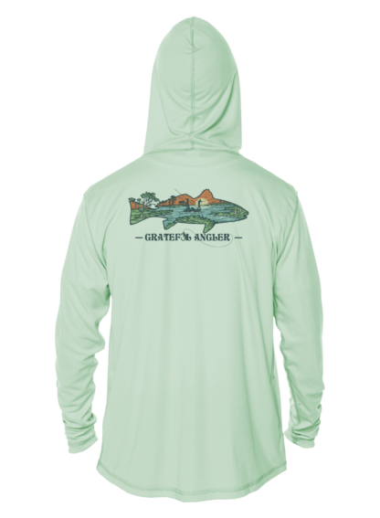 A Grateful Angler Lowcountry Redfish UV Hoodie with an airplane on it.