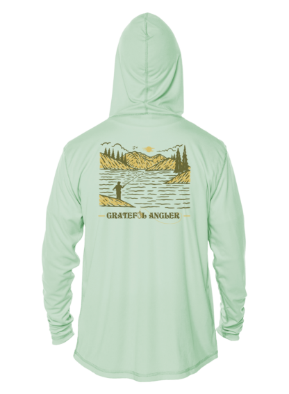 A Grateful Angler Mountain Fishing UV Hoodie with a picture of a lake and mountains.