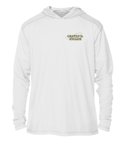 A Grateful Angler Mountain Fishing UV Hoodie with a gold logo on it.