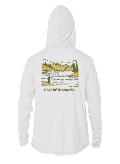 A Grateful Angler Mountain Fishing UV Hoodie with an image of a lake and mountains.