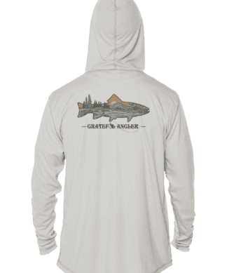 Angler hoodie with mountain trout design, UPF 50+ sun protection, perfect for fishing and outdoor ac.
