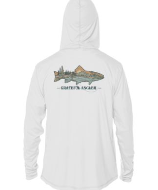 A Grateful Angler Mountain Trout UV Hoodie with an image of a lake.