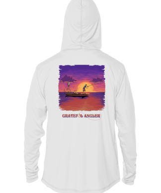 A Grateful Angler Skeleton Anglers UV Hoodie with an image of a boat at sunset.