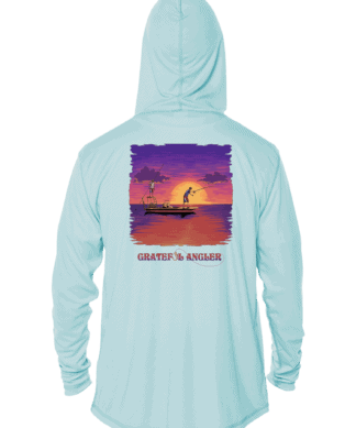 Skeleton angler fishing in sunset on hoodie, UPF 50+ sun protection, Key West Sun Shirts.