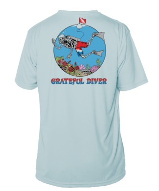 A light blue Grateful Diver Skeleton Diver Short Sleeve UV Shirt with the words grateful river on it.