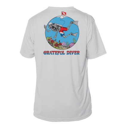 A white Grateful Diver Skeleton Diver Short Sleeve UV Shirt with the words grateful river on it.