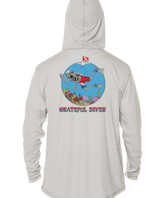 A Grateful Diver Skeleton Diver UV Hoodie with an image of a diver in the water.