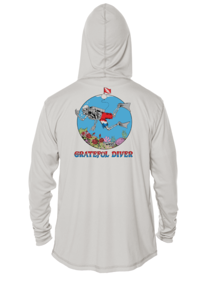 A Grateful Diver Skeleton Diver UV Hoodie with an image of a diver in the water.