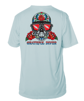 A light blue Grateful Diver Sugar Skull Short Sleeve UV Shirt with a skull and roses on it.