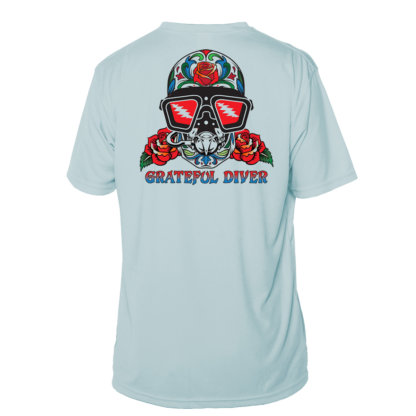 A light blue Grateful Diver Sugar Skull Short Sleeve UV Shirt with a skull and roses on it.