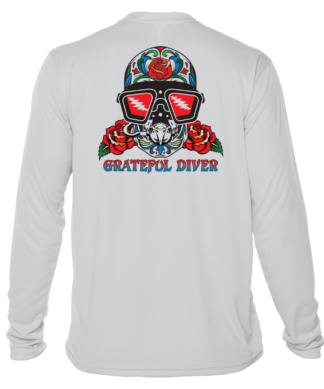 A Grateful Diver Sugar Skull UV Shirt with a skull and roses on it.