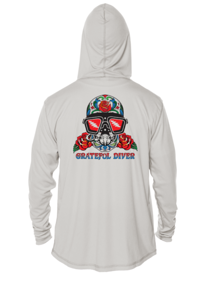 A Grateful Diver Sugar Skull UV Hoodie with a skull and roses on it.