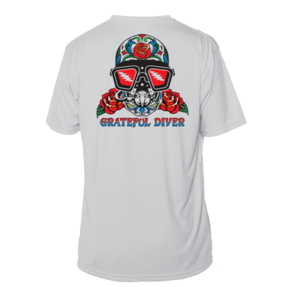 A Grateful Diver Sugar Skull Short Sleeve UV Shirt with roses on it.