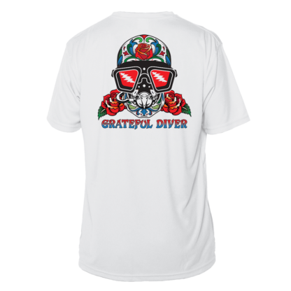 A Grateful Diver Sugar Skull Short Sleeve UV Shirt with a skull and roses on it.