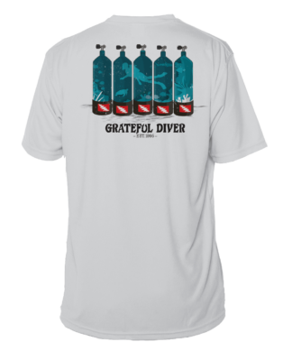 A white Grateful Diver Dive Tanks UV Shirt with the words grateful diver on it.