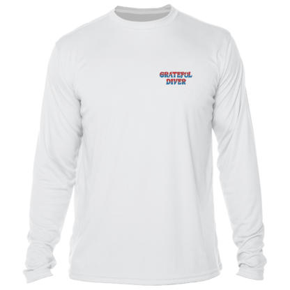 A Grateful Diver Aloha Turtle UV Shirt with a blue and red logo.