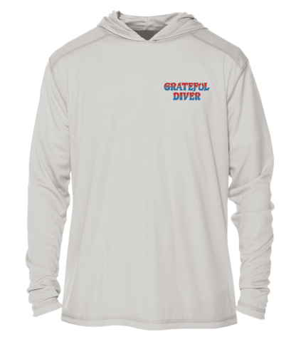 A white Grateful Diver Sugar Skull UV Hoodie with the words grateful diver on it.