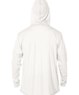 Hooded white sun protection shirt for outdoor activities.