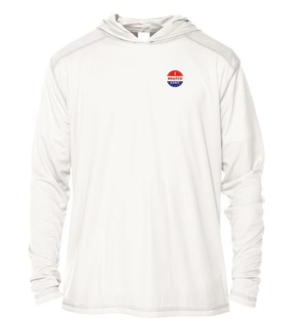 A Key West Sun Shirts - I Boated Early - UV Hoodie with a red and blue logo.