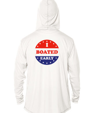 UPF 50+ sun hoodie with "I Boated Early" print, perfect for boating and sun protection.