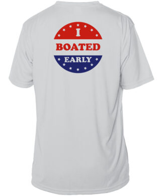 White sun shirt with "I Boated Early" print, UPF 50+ protection, short sleeve.
