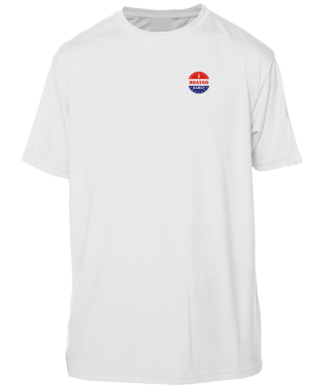 A Key West Sun Shirts - I Boated Early - UV Crew Short Sleeve with a red, blue and white logo.